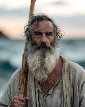 Close up portrait of an old man with a long beard holding a wooden staff by the ocean