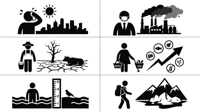 Black and white vector illustration set depicting various global climate change issues and environmental safety concerns