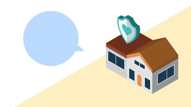 Isometric house animation with shield icon and heart symbol and speech bubble representing home protection and safety services.