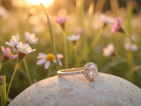 round diamond engagement ring with intricate detailing on textured stone, warm sunlight, garden wildflowers, soft bokeh