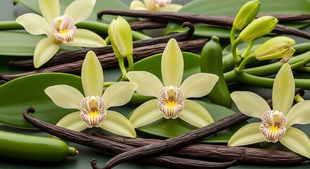 Obraz premium Cream Vanilla Orchid Blossoms and Green Pods Arranged on Tropical Leaves