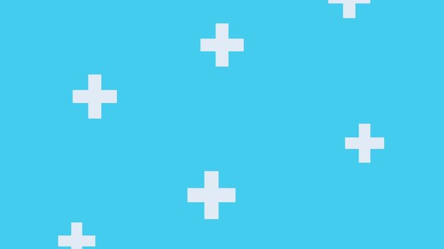 Minimalist medical background with white crosses moving across light blue screen in slow motion motion graphics animation.
