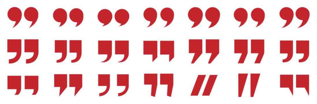 Set of quote mark, quotes icon, sign, symbol, emblem. Ditto marks icon set. Quotation marks. Dialogue discussion symbol for UI UX, website, mobile app.