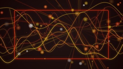 Abstract digital background featuring glowing golden wave lines and floating particles on a dark...