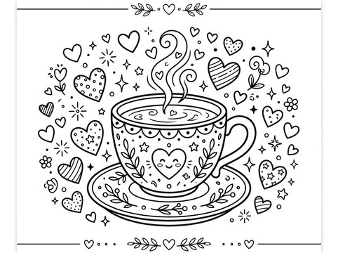 Autumn Cozy Coffee Cup with Acorn Pattern, Bitten Cookie, and Fall Leaves Line Art Coloring Page Outline Isolated on White Backgroundcoloring page, line art, autumn coffee cup, acorn pattern, fall lea