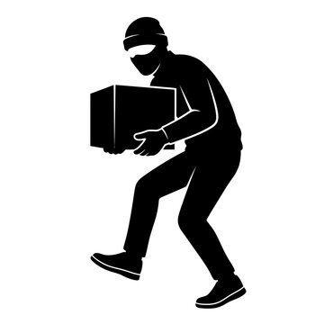Silhouette of a burglar sneaking away while carrying a stolen package representing unauthorized access and criminal theft activity
