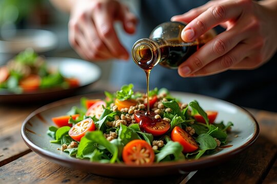 Artful Drizzling: A Close-Up of Hands Pouring Balsamic Vinegar Over a Colorful Salad in a Rustic Kitchen