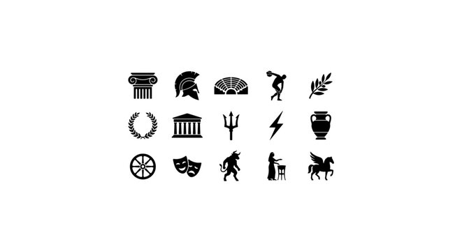 Ancient Greek Mythology Icons Set, Classical Civilization Symbols, Vintage Culture Vector Graphics