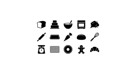 Fototapeta premium Baking Icons Set, Pastry Tools Vector Graphics, Bakery Food Symbols, Cooking Elements Collection