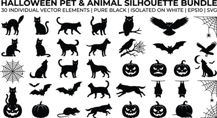 Naklejka premium Halloween pet animal silhouette bundle, spooky cats bats owls wolves spiders pumpkins ravens rats skulls spider webs vector EPS10 SVG designWeb
