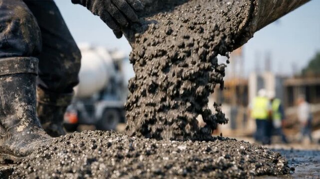 Close up of fresh wet concrete mix pouring from mixer chute at building construction site