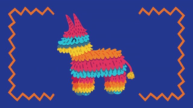 Mexican pinata animation on blue background with orange zigzag border for fiesta celebration motion graphics.
