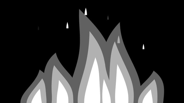 Anime fire flame animation seamless loop on black background, white 2D cel style flat shaded flames rising with sparks, 4K motion graphic overlay