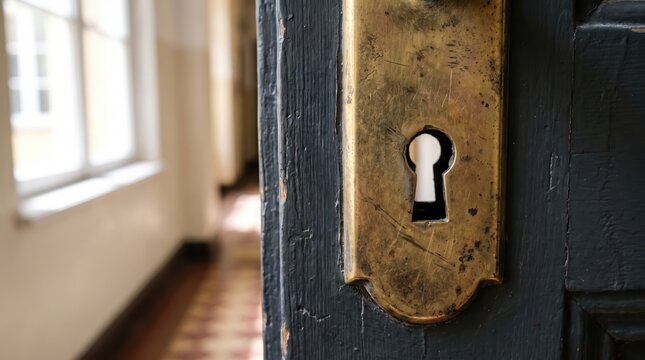 Vintage brass keyhole on open old wooden door leading into blurred hallway. Concept of security, mystery, vintage lock, lock, door handle, antique lock. Copy space.