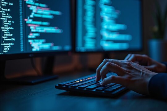 Focus on a developer's hands typing on a keyboard, set against a background of a large monitor showcasing intricate AI algorithms and code, bathed in a gentle blue light.