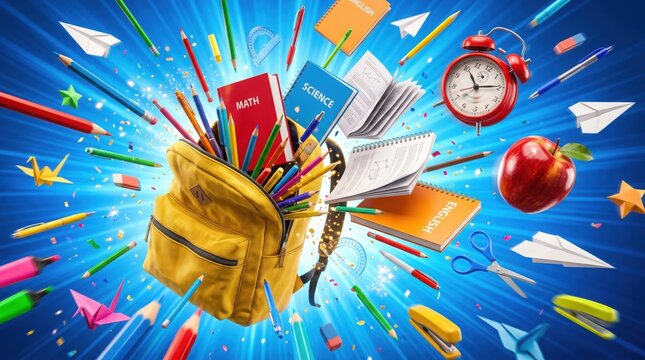 Yellow backpack overflowing with school supplies and books flying against blue background with stationery items exploding
