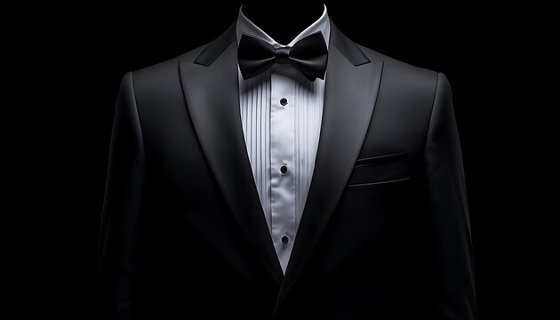 Classic black tuxedo jacket with white shirt and bow tie on a dark background