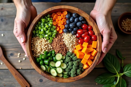 Dynamic Aerial View of a Colorful Gluten-Free Salad Bowl Filled with Fresh Vegetables, Grains, and Nutritious Toppings