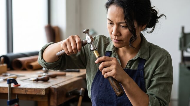 Female craftsperson using small hammer to fit metal ferrule on wooden tool handle in workshop. Concept of leathercraft, artisan.