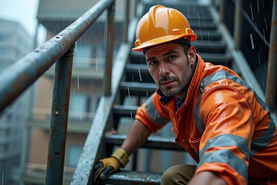 Construction Worker Carefully Maneuvers Slippery Metal Stairs on a Rainy Day, Showcasing Focus and Determination Amid Workplace Hazards