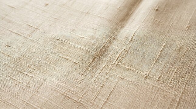 Close up of beige textured fabric with raw silk slub pattern.