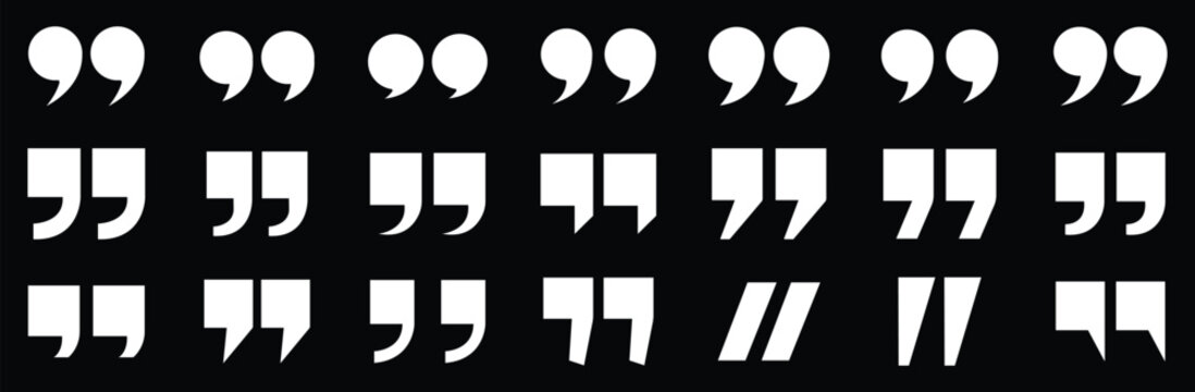 Set of quote mark, quotes icon, sign, symbol, emblem. Ditto marks icon set. Quotation marks. Dialogue discussion symbol for UI UX, website, mobile app.