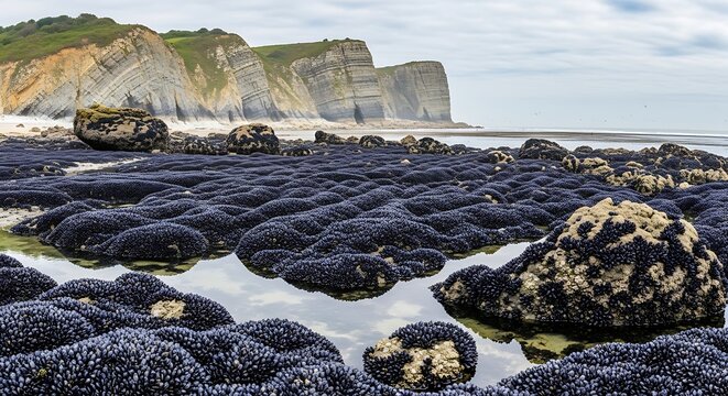 Rocky Coastal Tide Pools Covered with Mussel Beds Below Dramatic Sea Cliffs