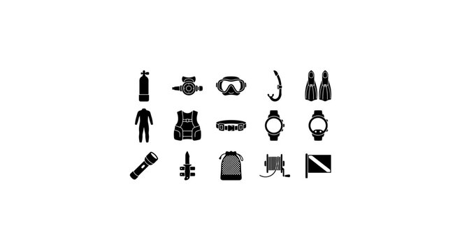 Scuba Diving Equipment Icons, Underwater Adventure Gear Set, Marine Exploration Symbols, Vector Graphics