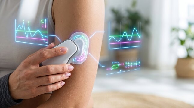 Woman scanning glucose sensor on arm with digital interface overlay. Futuristic biometric tracking concept with glowing health data visualization.
