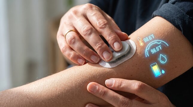Person applying a wearable biometric sensor to their arm. Digital interface displays health metrics in a bright futuristic environment.