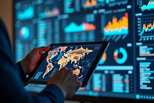Close-Up of Analyst&rsquo;s Hands Engaging with a Digital Tablet Featuring a Dynamic Network Packet Flow Diagram, Amidst Illuminated Screens Showcasing Data Traffic Metrics