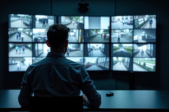 Concentrated Operator Monitors Multiple CCTV Feeds from a Modern Desk, Equipped with Advanced Surveillance Technology