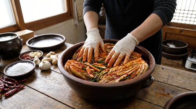 Chef hands making traditional korean kimchi cabbage fermented food preparing seasoning in ceramic bowl. Concept of fermentation, spicy food, asian cuisine.