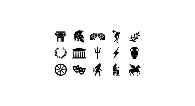 Ancient Greek Mythology Icons, Classical Symbols Set, Vintage Gods and Heroes Vector Collection