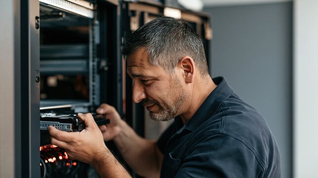Responsable IT rempla&ccedil;ant un disque dur d&eacute;fectueux dans une baie