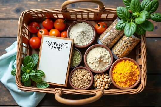 Colorful Flat Lay: A Shopping Basket Overflowing with Gluten-Free Pantry Staples on a Rustic Wooden Table