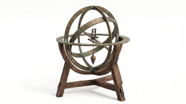 Armillary sphere constructed from aged metallic rings and a rustic wooden tripod stand bathed in warm directional light emphasizing the intricate metallic textures and classical design.