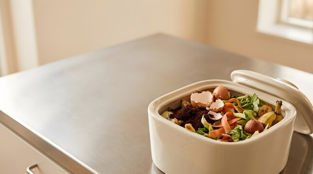 Kitchen countertop compost bin filled with organic waste such as vegetable scraps, coffee grounds, and eggshells, sustainable home lifestyle concept, clean minimalist interior with natural lighting