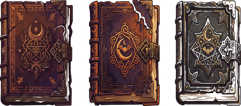 Three vintage leather bound books with intricate gold embossed covers isolated on a plain white background