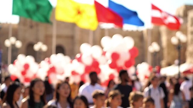Out of focus crowd with waving colorful flags and balloons