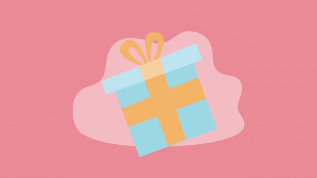 Animated gift box with ribbon and bow rotating against a pink background with abstract shapes.