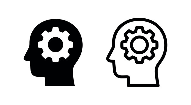 Thinking mind icon set, human head with gear cogwheel symbol black filled and outline vector