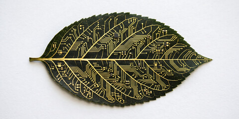 Obraz premium Natural leaf embedded with golden electronic circuit board pathways demonstrates modern fusion between sustainable botanical organic technology design.