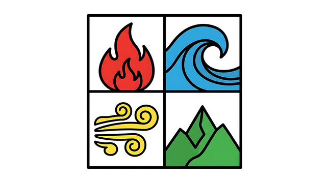 Four Elements Symbol: A graphic representation of the four classical elements: fire, water, air, and earth, depicted in distinct quadrants, symbolizing nature's fundamental forces.