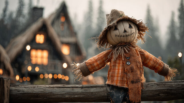 Spooky pumpkin scarecrow in outdoor setting