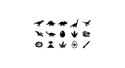 Dinosaur Icons Set: Prehistoric Creatures, Fossils, Eggs, Footprints, Volcano, Vector Graphics © Rana