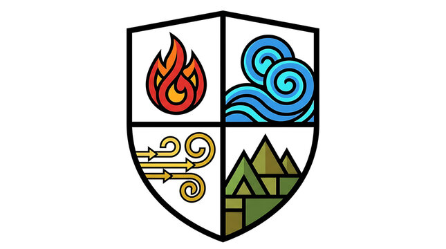 Four Elements Emblem: A shield-shaped emblem divided into four quadrants, each representing a fundamental element: fire, water, air, and earth. These symbols evoke a sense of balance, nature.