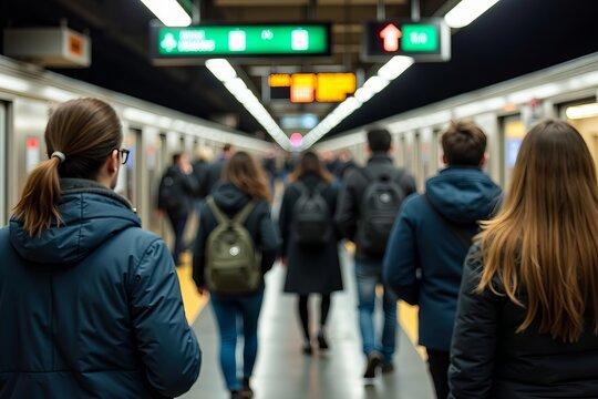 Dynamic Snapshot of a Busy Subway Station: Commuters Navigating the Platform Amidst Vibrant Signage During Peak Hours