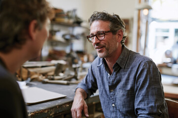 Fototapeta premium Two men engage in friendly conversation within a rustic workshop, surrounded by tools and creative materials, fostering a spirit of collaboration and artistic exploration.