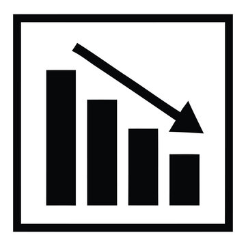 Black and white bar chart icon showing a downward trend with a decreasing arrow symbol for business analysis